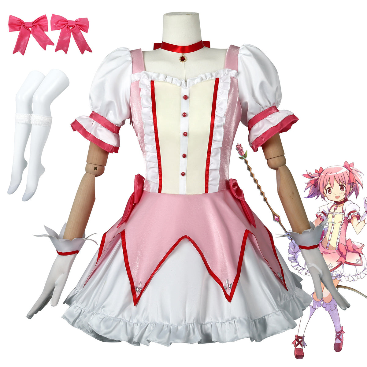 Costume cosplay magical girl rose avec perruque