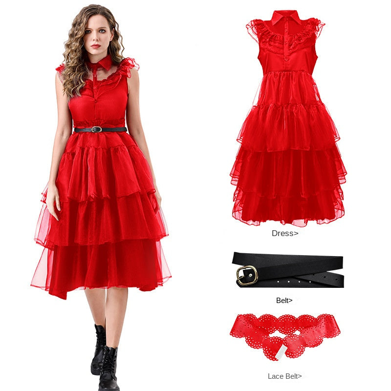 Robe en tulle noire ou rouge à col pour femme, vue 7