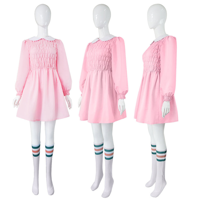 Robe rose années 80 à smocks et chaussettes rayées