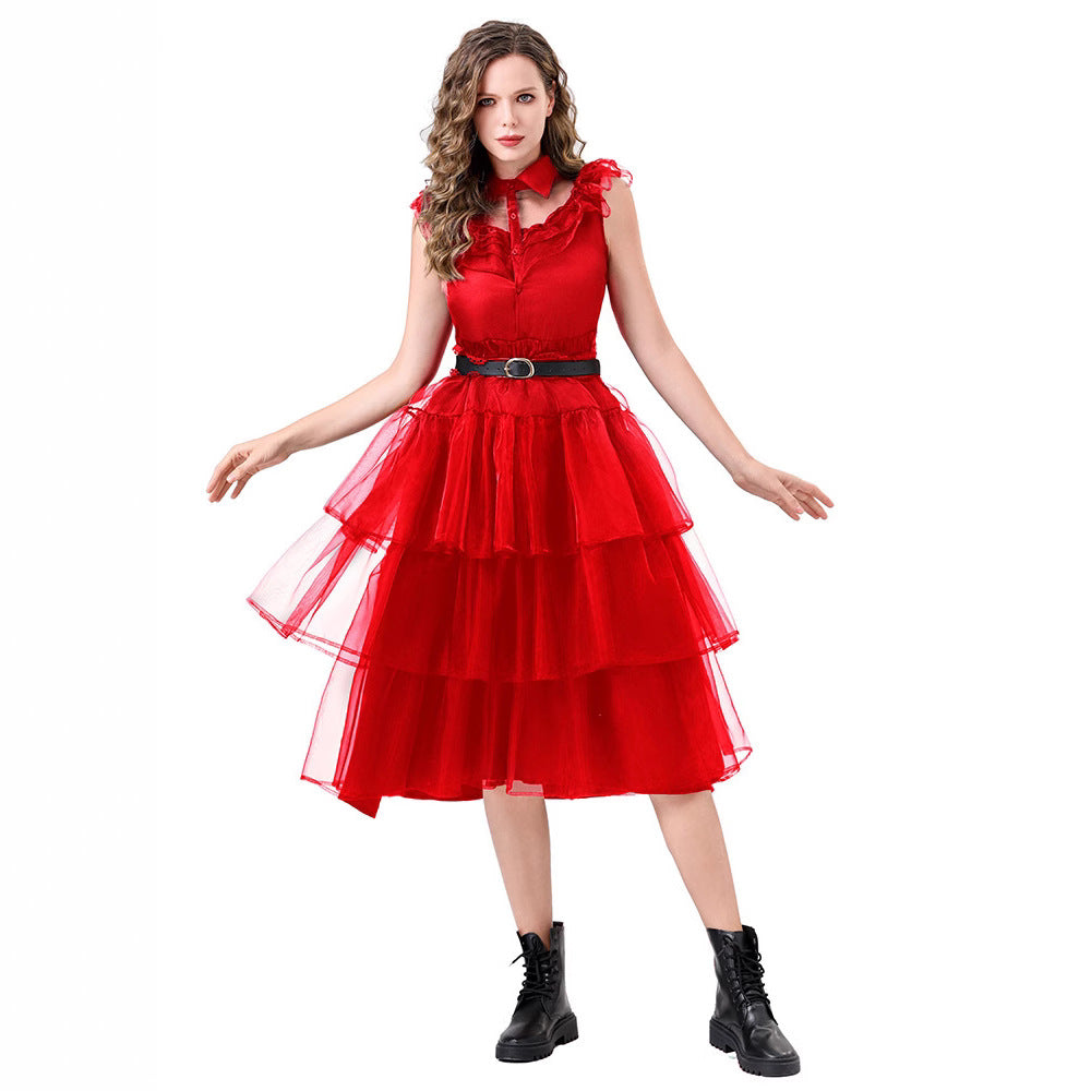 Robe en tulle noire ou rouge à col pour femme, vue 4