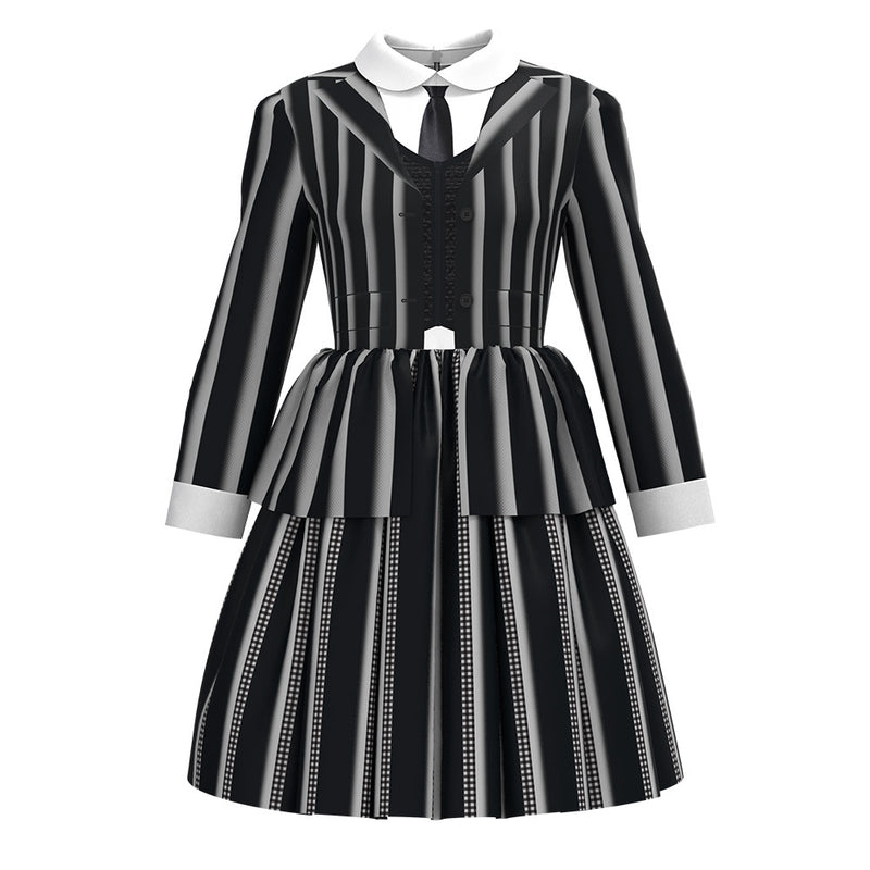 Robe rayée noire et blanche à col blanc pour fille