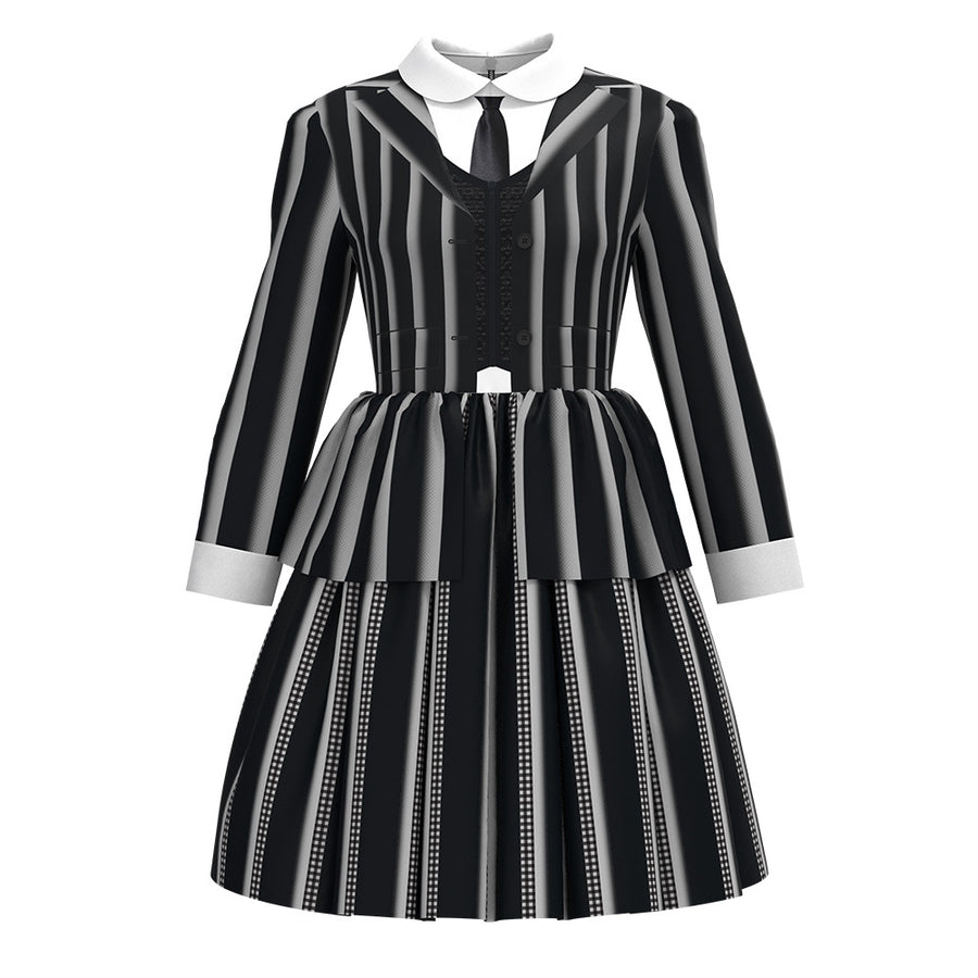 Robe rayée noire et blanche à col blanc pour fille